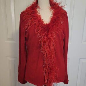 Alberto Makali Red Feather Trim Cardigan & Tank Set – Beaded Detail, Size L